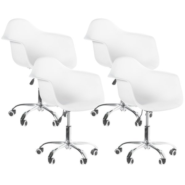 Fabulaxe Mid-Century Modern Style Adjustable Swivel Plastic Shell Molded Office Task Chair w/ Rolling Wheels, White Set of 4 QI003751.WT.4